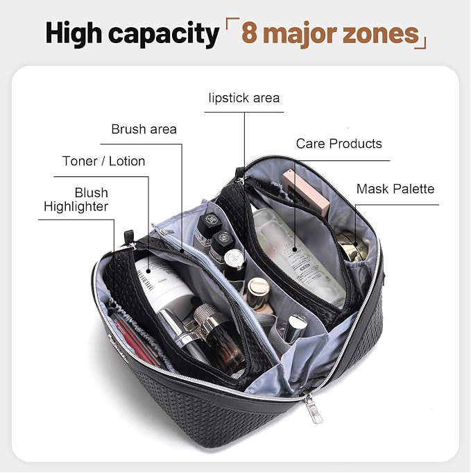 BOYATU Travel Makeup Bags for Women: Large Capacity Make up Bag with Wide Opening - 3 Pcs Set Waterproof Travel Toiletry Organizer for Full-Sized Bottles, Cosmetics & Brushes (Black-W) - Image 3