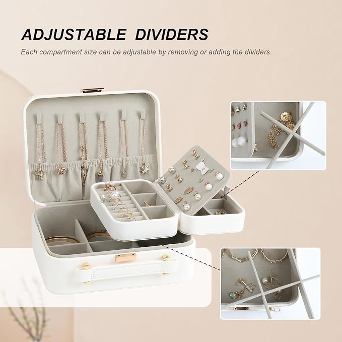 White Jewelry Box, Large Travel Jewelry Case Organizer, 2 Layer Jewelry Holder Organizer, Traveling Jewelry Organizer for Women, Watch Case for Women, White - Image 8