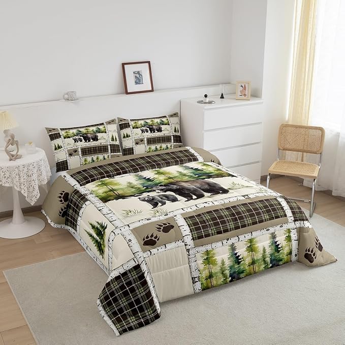 Erosebridal Bear Comforter Set Rustic Hunting Animal Bedding Set Full Farmhouse Jungle Quilt Set Plaid Lattice Patchwork Artwork Duvet Insert with 2 Pillowcases Cabin Gift Microfiber Cozy - Image 4