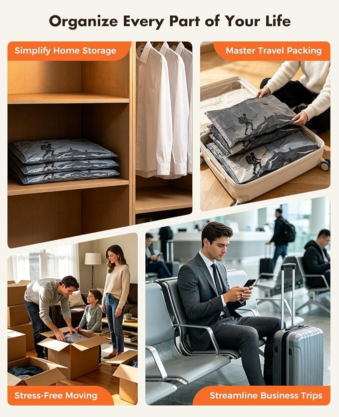 Vacuum Storage Bags with Electric Pump,Covers -60kPa Vacuum Seal Bags for Clothing Devices, Travel Bags with Portable Cordless Pump Included, Compatible with Bags 15 Combo Set - Image 8