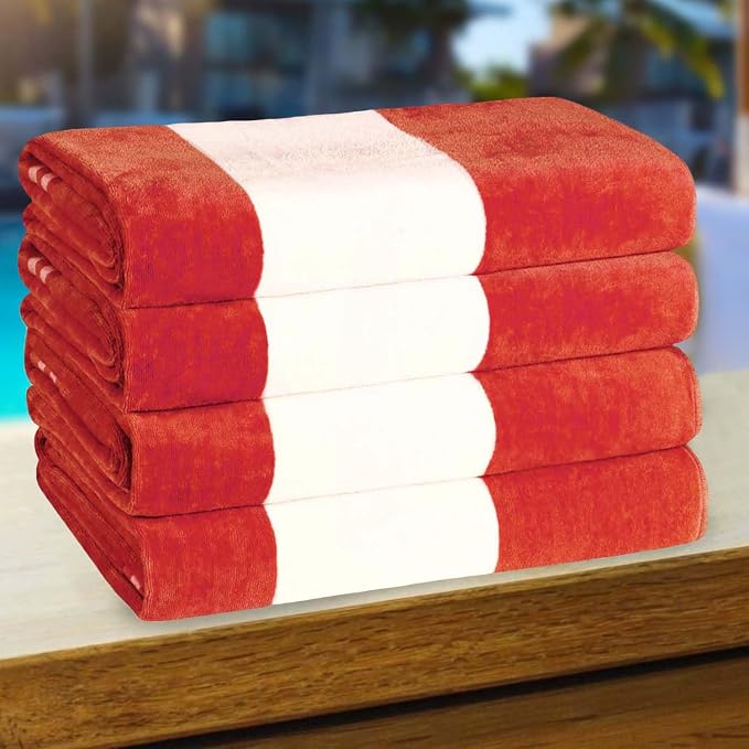 Superior Cotton Striped Beach Towels, Colorful Towels for Adult, Kid, Pool, Swimming, Sand, Travel, Large Oversized, Absorbent, Fast Drying, Bath Basics, Cabana Collection, Set of 4, Coral by SUPERIOR
