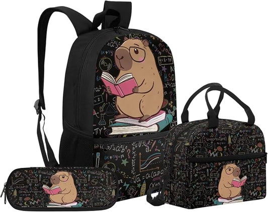 Black Capybara Children School Backpack Boys Girls Bookbags Set Laptop Backpack Kids Lunch Tote Bag Pencil Case Set 3 in 1 by Unknown