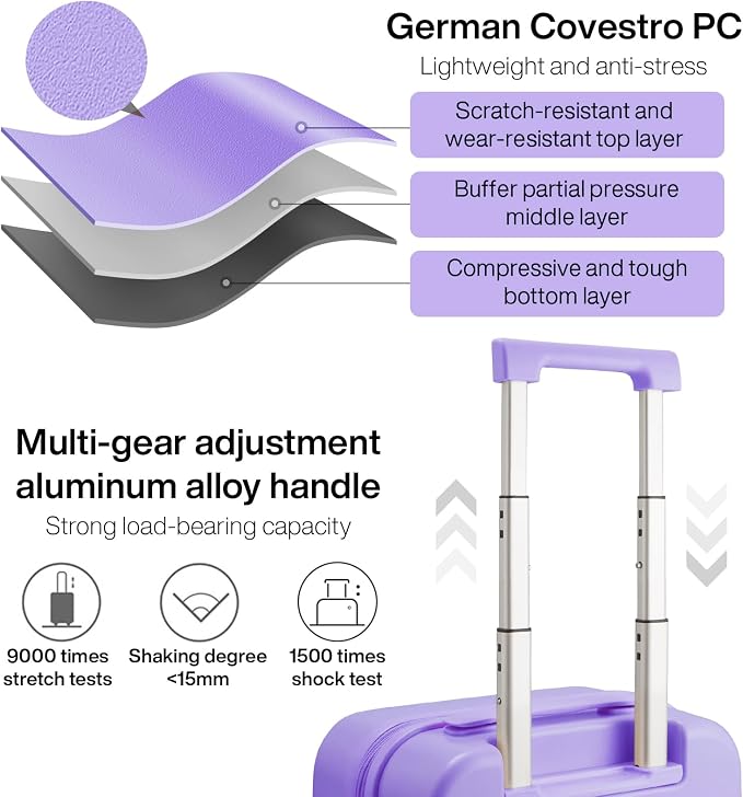 mixi Carry on Luggage, Suitcase with Spinner Wheels 16in Luggage Hardshell Lightweight Rolling Suitcases PC with Cover & TSA Lock, Lilac Purple - Image 3