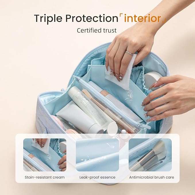 LOVEVOOK Travel Makeup Bag for Women, 2Pcs Puffer Waterproof Cosmetic Organizer, Large Capacity Pouch Open Flat Small Toiletry Bag with Brush Compartment & Handle (Blue, Medium) - Image 3