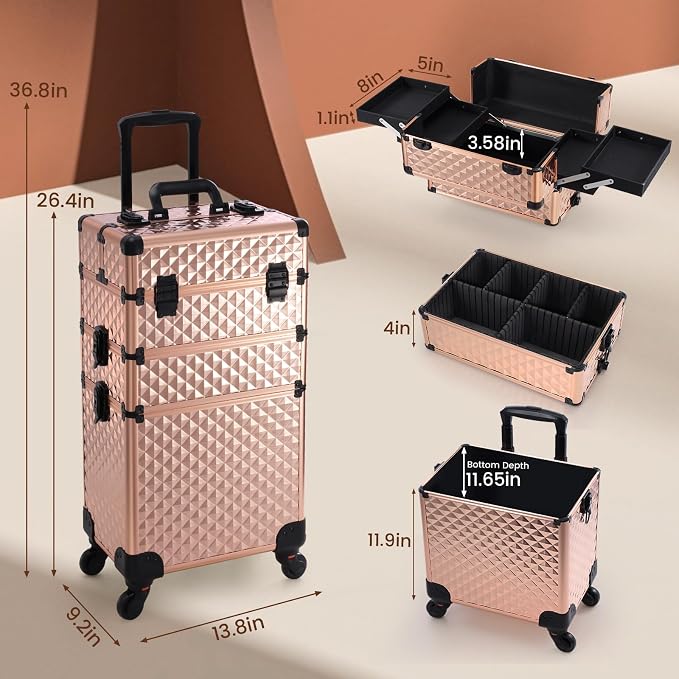 Frenessa Rolling Makeup Train Case 3 in 1 Professional Cosmetic Trolley Large Storage with keys Swivel Wheels Salon Barber Case Traveling Cart Trunk for Make Up Nail Tech - Vintage Rose Gold | Cosmetic Trolley Large Storage with Keys 360° Swivel Salon ... - Image 5