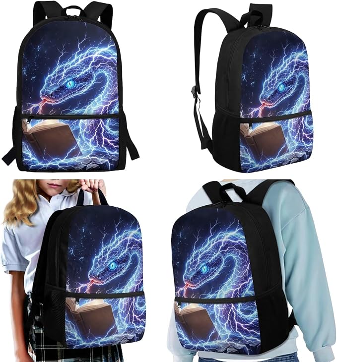 Lightning Snake School Backpack Boys Cool Bookbag Kids 6 7 8 9 10 11 12, 4 Piece Backpack Set with Lunch Box and Pencil Case Back to School Supplies, Adjustable Padded Strap - Image 2