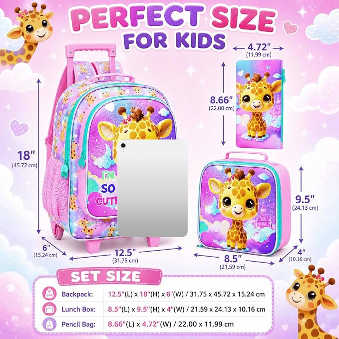 HPJGD 3PCS Giraffe Rolling Backpack for Girls, Kids School Backpacks with Wheels, Water Resistant UV Printed Roller Wheeled Bookbag Set - Image 5