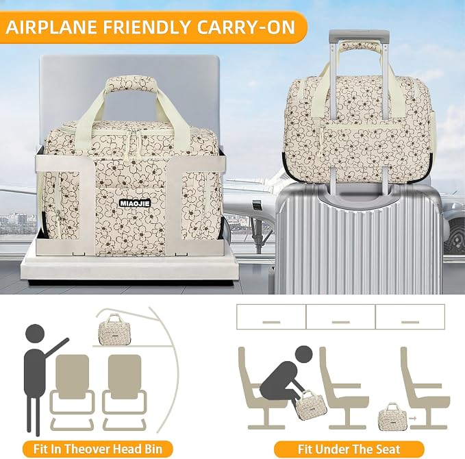 Underseat Carry On Luggage Lightweight Travel Tote Weekender Bag Overnight Duffle Bag for Travel, Travel Essentials Personal Item Travel Bag for Women, Corduroy Small Flower-16Inch - Image 5