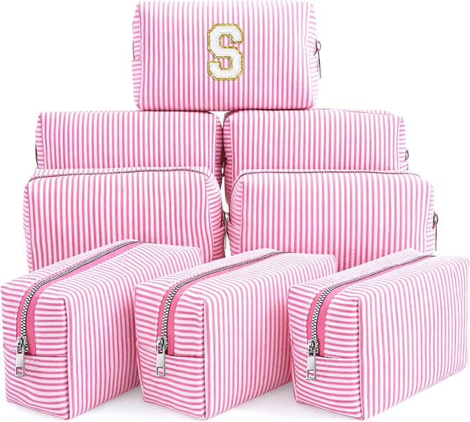Giesiery 8 Pcs Seersucker Makeup Bags Striped Cosmetic Bags Bulk Organizer for Women Preppy Travel Toiletry Pouch for Wedding Bridesmaid Bride Favor Mom Gift (pink, Medium) by Giesiery