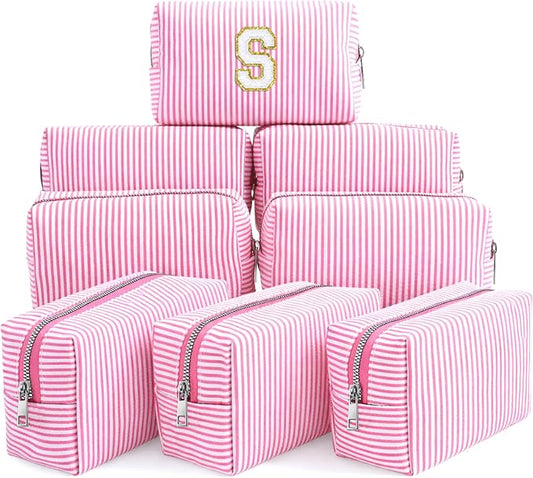Giesiery 8 Pcs Seersucker Makeup Bags Striped Cosmetic Bags Bulk Organizer for Women Preppy Travel Toiletry Pouch for Wedding Bridesmaid Bride Favor Mom Gift (pink, Medium) by Giesiery
