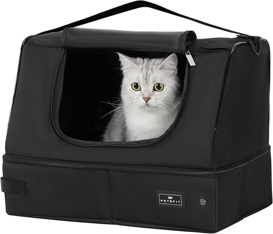 PETSFIT Portable Travel Cat Litter Box – Collapsible, 2-Layer Leak-Proof Washable Liner with Sturdy Support Frame, for Hotel/Car/Camping, Cat Travel Essentials for Kitty/Medium Cats Solid Black by Petsfit