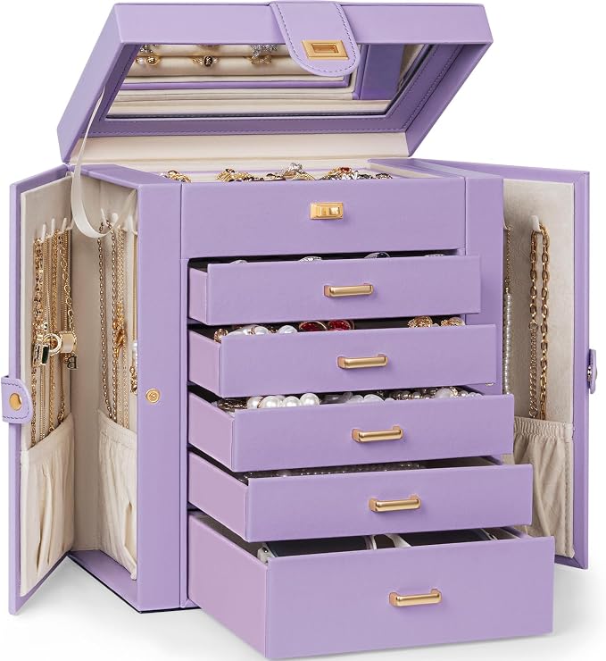 AKOZLIN 6-Tier Jewelry Box Organizer Functional 5 Drawers Leather Jewelry Storage Case for Women Girls Ring Necklace Earring Bracelet Holder Organizer with Mirror Medium Violet by AKOZLIN