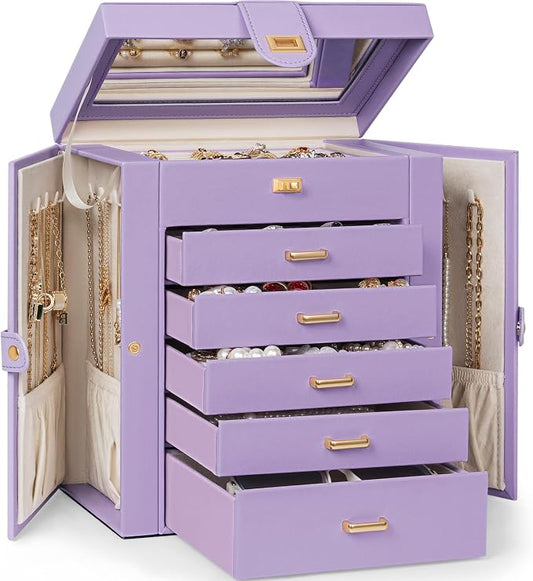 AKOZLIN 6-Tier Jewelry Box Organizer Functional 5 Drawers Leather Jewelry Storage Case for Women Girls Ring Necklace Earring Bracelet Holder Organizer with Mirror Medium Violet by AKOZLIN