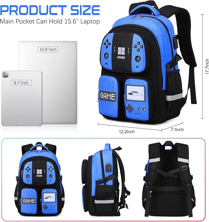 Jafeton Gamer Backpack for Boys, 3PCS Boys Backpack with Lunch Box & Pencil Pouch, Waterproof School Bags for Boy Kids Children Teens, Elementary Middle School, Kids Book Bag Casual Daypack (Blue) - Image 2