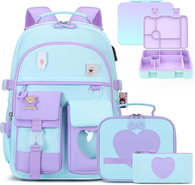 ACESAK Girls Backpack - Bento Box with Insulated Lunch Bag Pencil Case & Utensils Set for Kids, 6 Leakproof Compartments Removable Tray Lunches or Snack Container for School (Blue Purple) by ACESAK