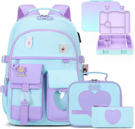 ACESAK Girls Backpack - Bento Box with Insulated Lunch Bag Pencil Case & Utensils Set for Kids, 6 Leakproof Compartments Removable Tray Lunches or Snack Container for School (Blue Purple) by ACESAK