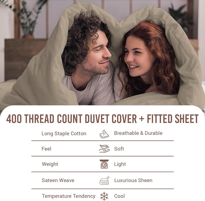 Pizuna 100% Cotton Queen 1 Pc Duvet Cover + 1 Pc Fitted Sheet Set 400 Thread Count Simply Taupe Sateen Weave Luxurious Long Staple Cotton 4 Pc Bedding Set-1 Duvet Cover,2 Pillow Shams,1 Fitted Sheet - Image 4