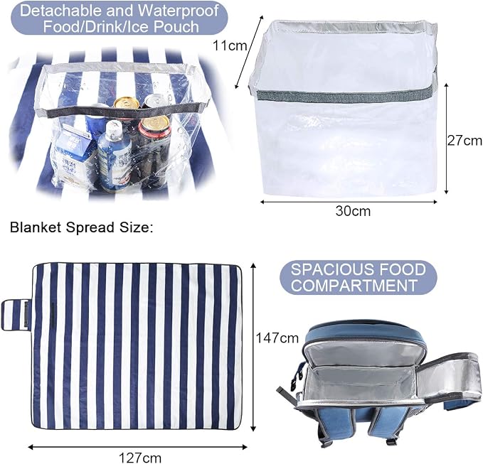 Sunflora Picnic Backpack for 4 Person Set Pack with Insulated Waterproof Pouch for Family Outdoor Camping(Blue & Stripe) - Image 5