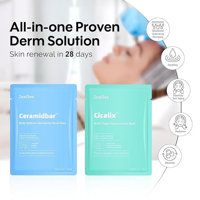 ZealSea Cicalix & Ceramidbar Face Masks Skincare, All-in-one Proven Derm Solution Facial Mask for Visibly Soft | Plump | Quenching | Anti-aging, Soothing & Refreshing, Strengthen & Restore, 4+4 Duo