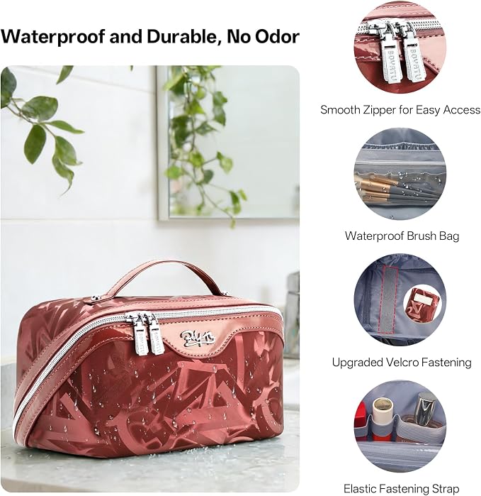 BOYATU Travel Makeup Bag for Women: Y2K Aesthetic Personalized Glossy 3 Pcs Set Cosmetic Organizer Bag - Trendy Statement Toiletry Pouches for Forward Women - Stand Out at Festivals & Trips(D-4-Red) - Image 2