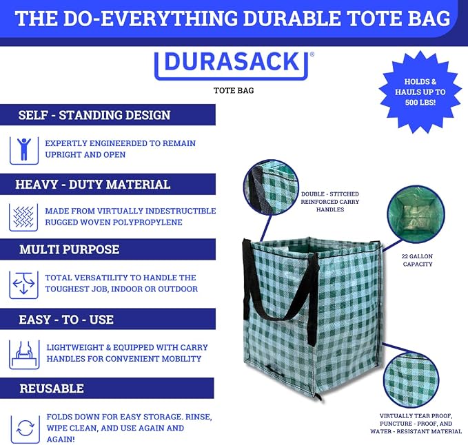 DURASACK Heavy Duty Storage Tote Bag 22-Gallon, Gingham Green, Pack of 4 | Rugged Woven Polypropylene Moving Bag, Reusable Self-Standing Design, Holds up to 500 Pounds - Image 3
