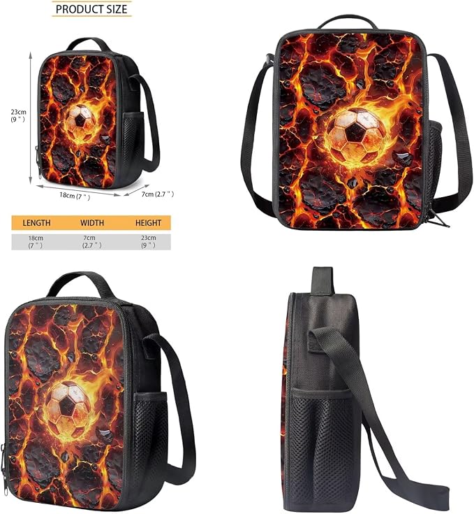 Lava Crack Soccer Ball Print Schoolbag Set, Girls School Large Bookbag Set, Middle Students Backpack with Lunch Box, Boys Knapsack Set Durable, Suitable for School or Travel, Black Red - Image 6