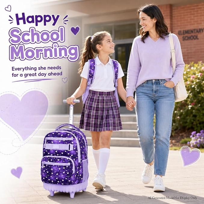 3Pcs Rolling Backpack for Girls, 19" Kids Wheeled Bookbag with Lunch Box, Roller Bag for Elementary Travel (Purple) - Image 7