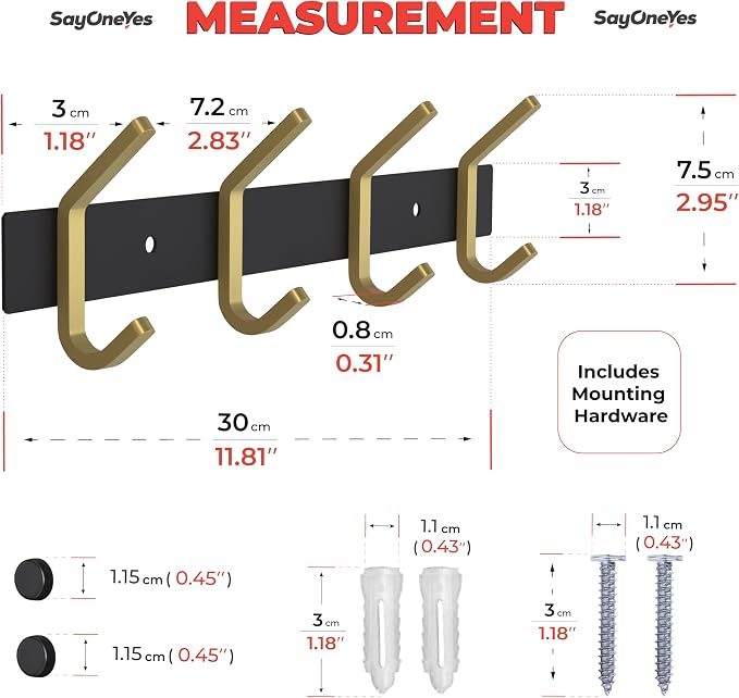 Coat Rack Wall Mount – Black and Gold Hook Rail with 4 Double Coat Hooks, 12 Inch Stainless Steel Wall Hooks for Entryway, Bathroom, Bedroom, Closet, Towel, Hat, Bag, Heavy Duty Organizer - Image 2