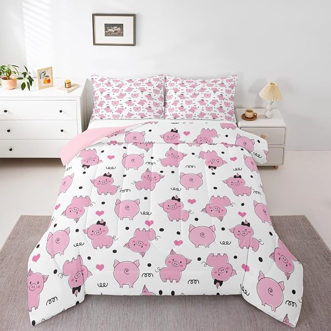 Erosebridal Pink Pig Comforter Set for Girls Kawaii Room Decor King,Cute Pigs Bedding Set for Kids Boys Children Farm Animal Quilted Duvet Sets Cartoom Style Soft Lightweight Down Comforter 3 Pcs by Erosebridal
