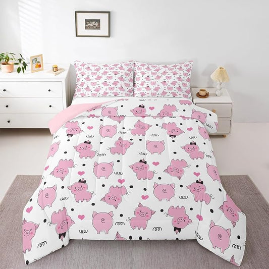 Erosebridal Pink Pig Comforter Set for Girls Kawaii Room Decor Twin,Cute Pigs Bedding Set for Kids Boys Children Farm Animal Quilted Duvet Sets Cartoom Style Soft Lightweight Down Comforter 2 Pcs by Erosebridal