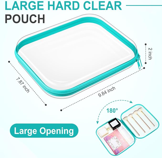 Sanwuta 6 Pcs Clear Hard Zipper Case Plastic Zipper Pouches Transparent Makeup Bag Pencil Case Pouches Toiletry Diaper Bag for Travel Toy Storage Organizer Bins(Teal,9.84 x 7.87 x 2 Inch) - Image 2