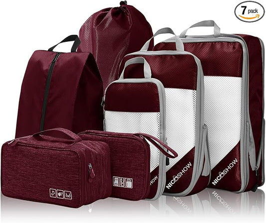 NICOSHOW 7 Set Compression Packing Cubes for Travel - Compressible, Lightweight, and Space-Saving Packing Cubes, Travel Essentials for Women, Wine by NICOSHOW