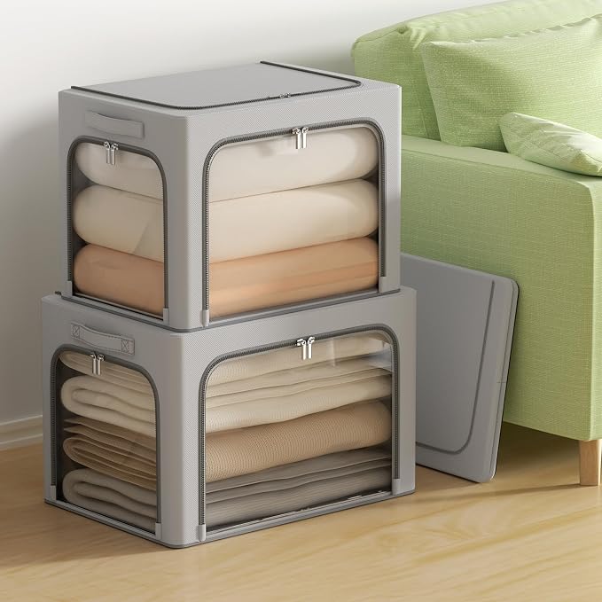 3Pack Clothes Storage Bins - Oxford Frame Storage Box Foldable Stackable Storage Organizer with 3 Openings Design, Metal Frame, Clear Window, Carry Handles (66L-19.7 * 15.7 * 13, Grey) - Image 9