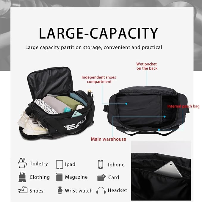 HEAD 45L Gym Duffel Bag with Separate Shoe Compartment & Wet Pocket for Men | Waterproof, Large Openning, with side pocket&inner large zipper pocekt, for Sport, Workout, Fitness, Swimming, Travel - Image 7