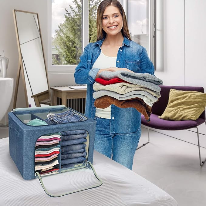 Sorbus Storage Bins with Divided Interior - Large Stackable & Foldable Organizer Containers with Metal Frame, Oxford Fabric, Large Window & Carry Handles - Organization for Bedroom, Linens & Clothes - Image 5