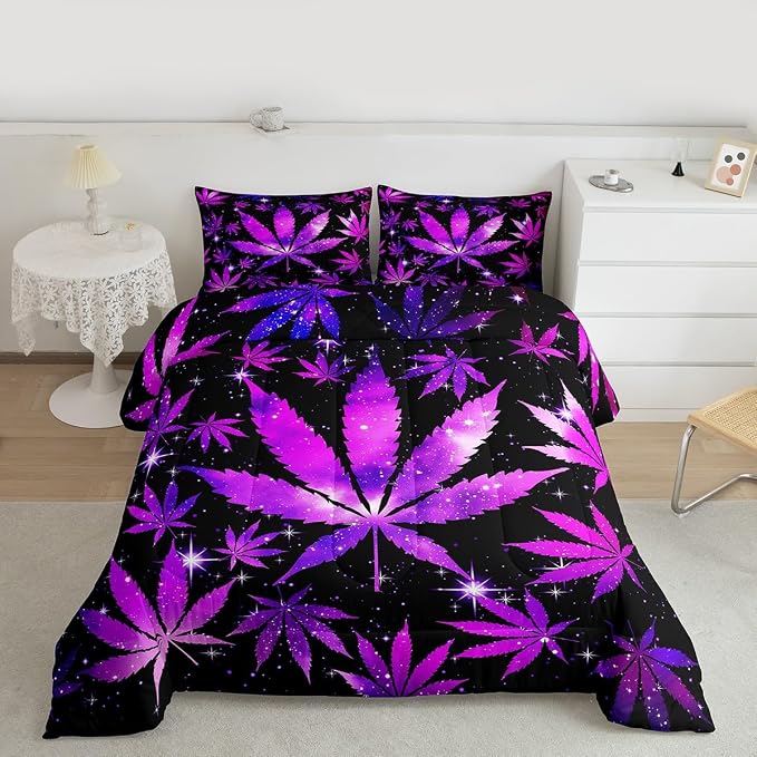 Erosebridal Purple Black Comforter Set Queen Size Hippie Leaf Bedding Sets for Adults Women Men,Leaves Galaxy Comforter Botanical Bed Quilt Set 2 Pillow Cases - Image 5