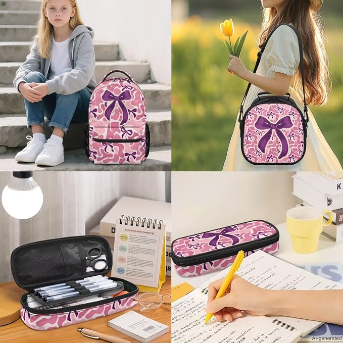 Trendy Camo Girls Backpack Set with Pink Bow, 4-Piece Camouflage School Bag and Lunch Box for Active Kids Ages 5-12, Lightweight Hunting Style - Image 2
