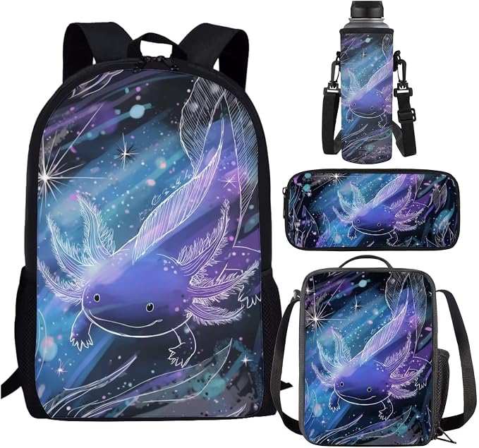 Galaxy Axolotl Backpack and Lunch Box for Girls 6-8/5-7 Under the Sea Bookbag with Lunch Bag Pencil Case Water Bottle Holder 4 in 1 Primary/Elementary School Book Bags Ocean Back Pack by SCRAWLGODDreamWardrobe