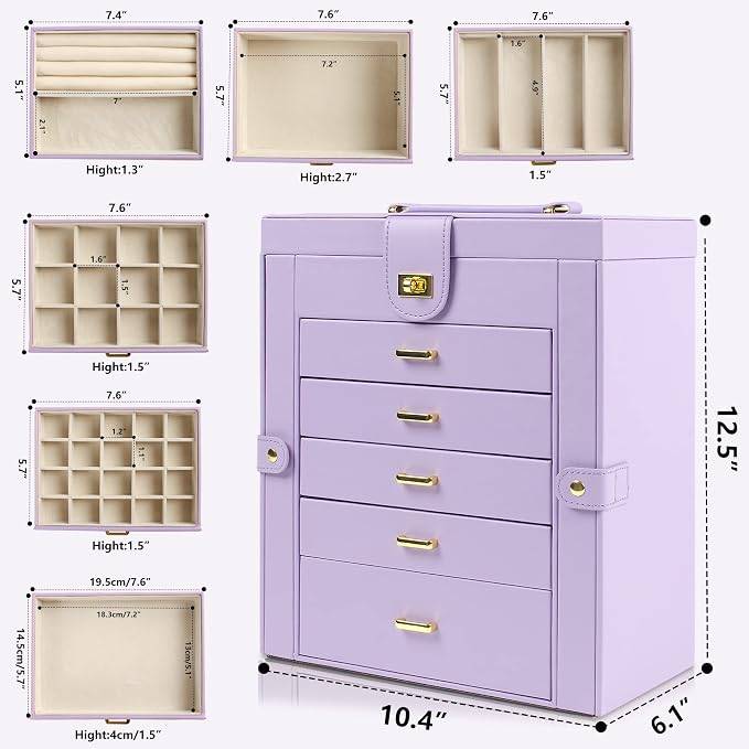 AKOZLIN 6-Tier Jewelry Box Organizer Functional 5 Drawers Leather Jewelry Storage Case for Women Girls Ring Necklace Earring Bracelet Holder Organizer with Mirror Violet Large - Image 3