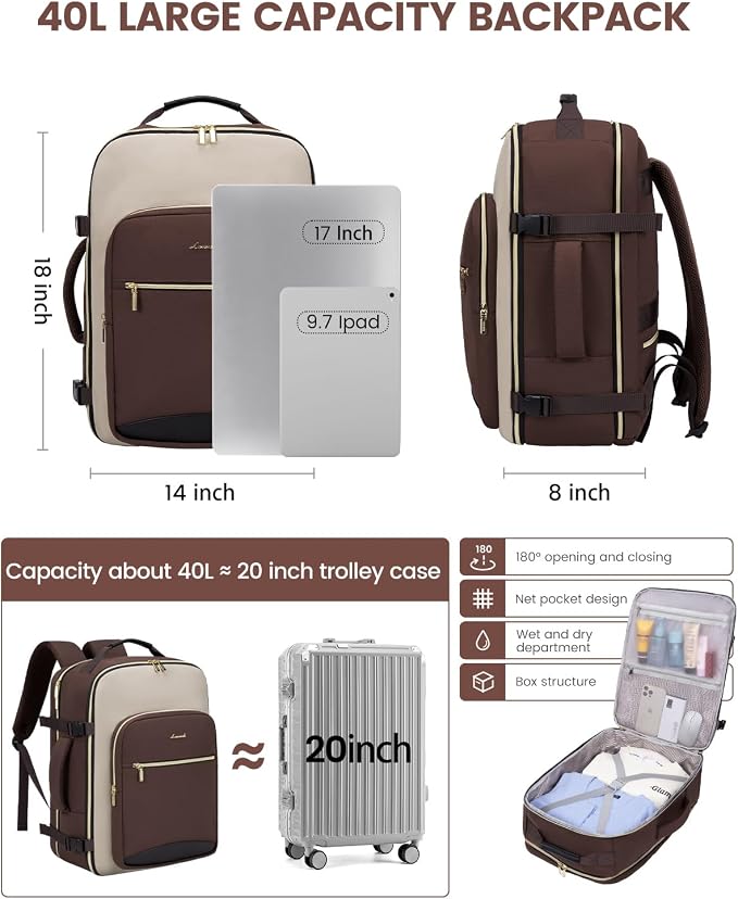 LOVEVOOK 40L Travel Backpack for Women & Men, Airline Approved Carry On Luggage with 3 Packing Cubes, TSA Overnight Bags, Waterproof Personal Item Bag, Weekender Essentials Backpacks fits 17" Laptop - Image 3