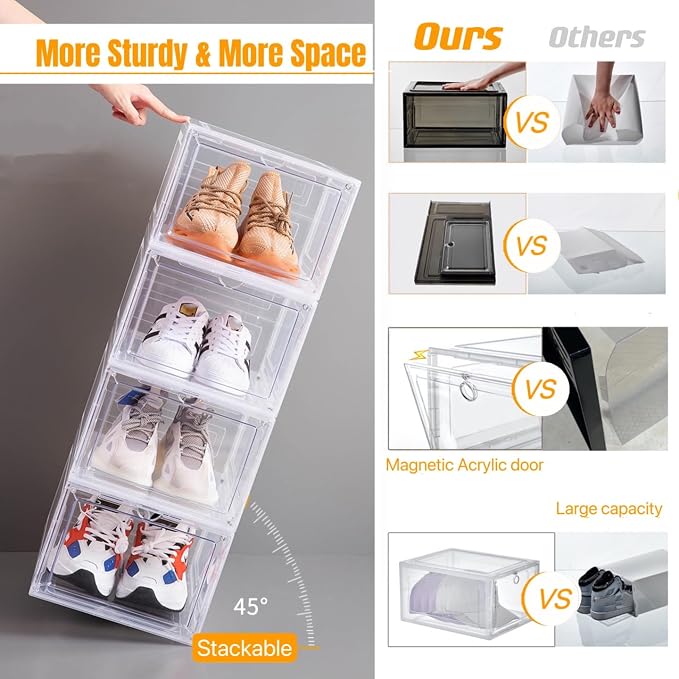 Attelite Shoe Box Organizer,Set of 6,Stackable Plastic Shoe Box with Clear Door, Shoe Storage Box Containers,For Display Sneakers,Easy Assembly,Fit up to US Size 12(13.4”x 10.6”x 7.4”) - Image 4