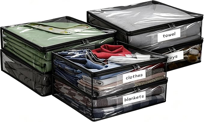 Plastic Storage Bags with Easy-Glide Zipper, Pack of 6, Durable Clear Vinyl Zippered Storage Bags for Clothes Sweaters Comforters Blankets Sheets Bedding (15.7 x 13.8 x 2.5 Inch, Black) by Kikerike
