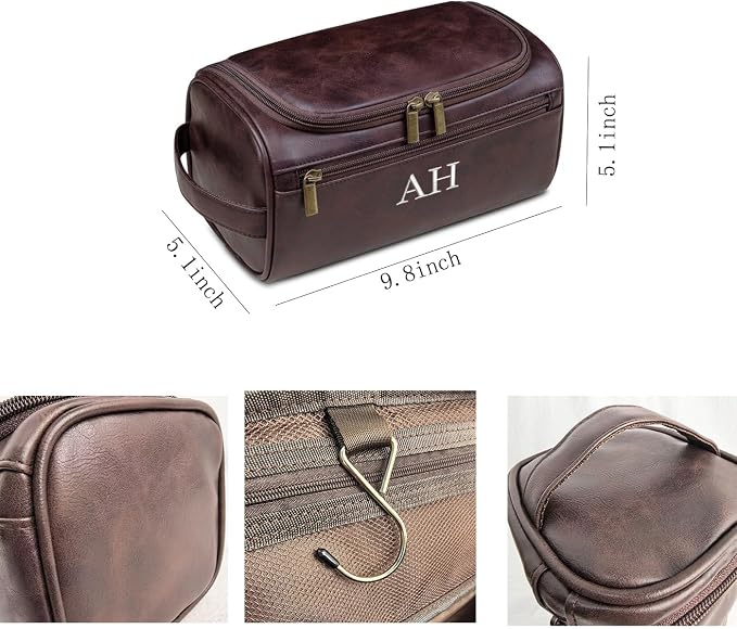 GOPHIE Personalized Embroidered Men's Leather Toiletry Bag,Travel Toiletry Bag for Men,PU Leather Waterproof Travel Shaving Dopp Kit (3, Coffee) - Image 2