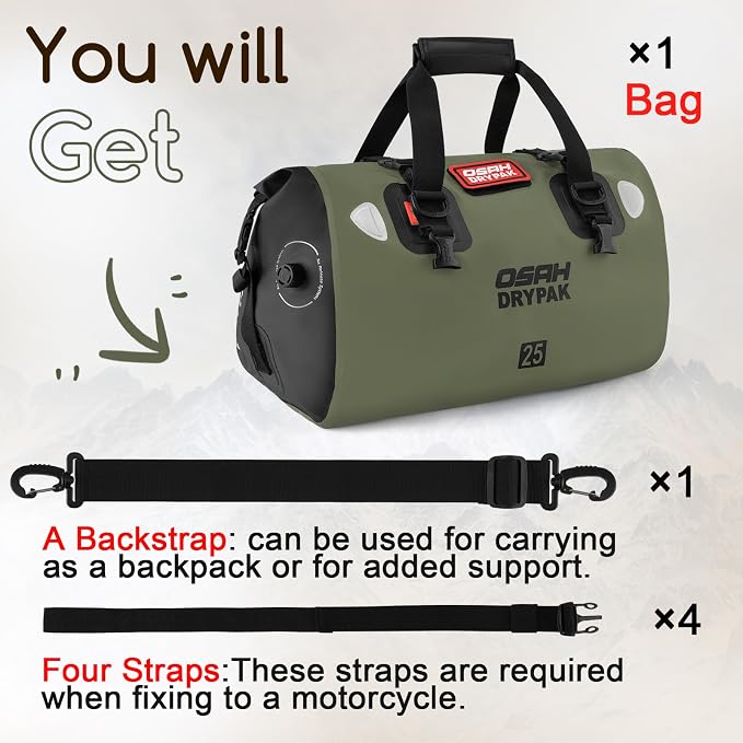 OSAH DRYPAK Waterproof Duffel Bag - Motorcycle Dry Bag Tail Bag with Large Storage Space, Waterproof Luggage Duffle Bags with Outer Mesh Zipper Pocket for Camping, Kayaking, Fishing & Traveling - Image 8