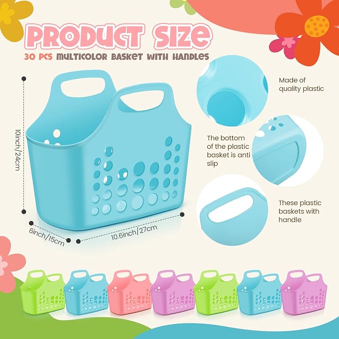 Nuogo 30 Pack Multicolor Plastic Basket with Handles Oval Plastic Shower Caddy Bulk Reusable Multipurpose Storage Organizer for Bathroom Dorm Communal Showers Kitchen School, 10.6" x 6" x 10" - Image 2
