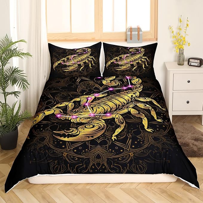 Golden Scorpion Duvet Cover Twin Size Exotic Tribal Retro Theme Luxury Bedding Set for Adult Women Men Gothic Style Comforter Cover Set with Zipper Ties Black Gold Mandala Decor Vintage Quilt Set - Image 4