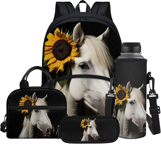 Sunflowers White Horse Backpack for Boys School Bags Set with Insulated Lunch Bag Cooler Water Bottle Sleeve Pencil Pen Case 4 Pieces for Teenage Student by Glomenade