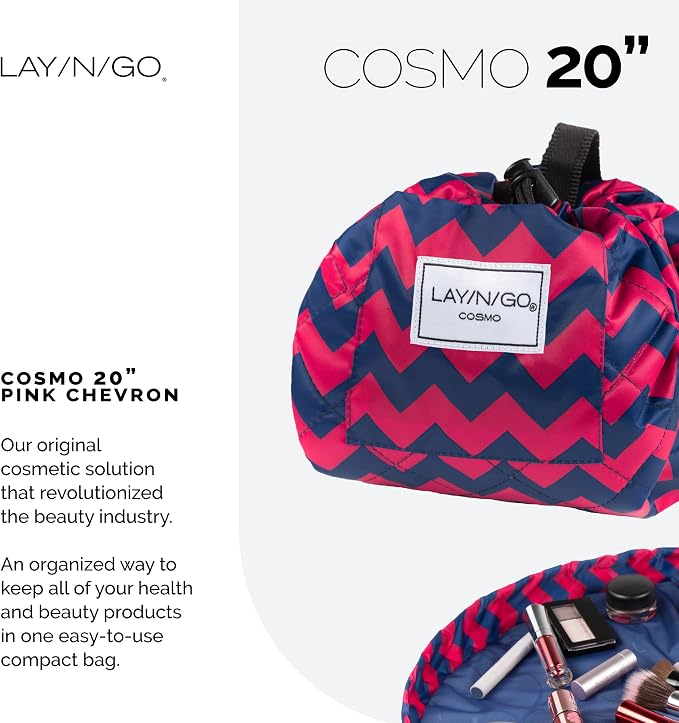 Lay-n-Go Cosmo Drawstring Cosmetic & Makeup Bag Organizer - Portable Drawstring Makeup Bag w/Zipper Pocket, Makeup Loops & More - Durable, Machine Washable Toiletry Bag (20", Pink Chevron) - Image 2
