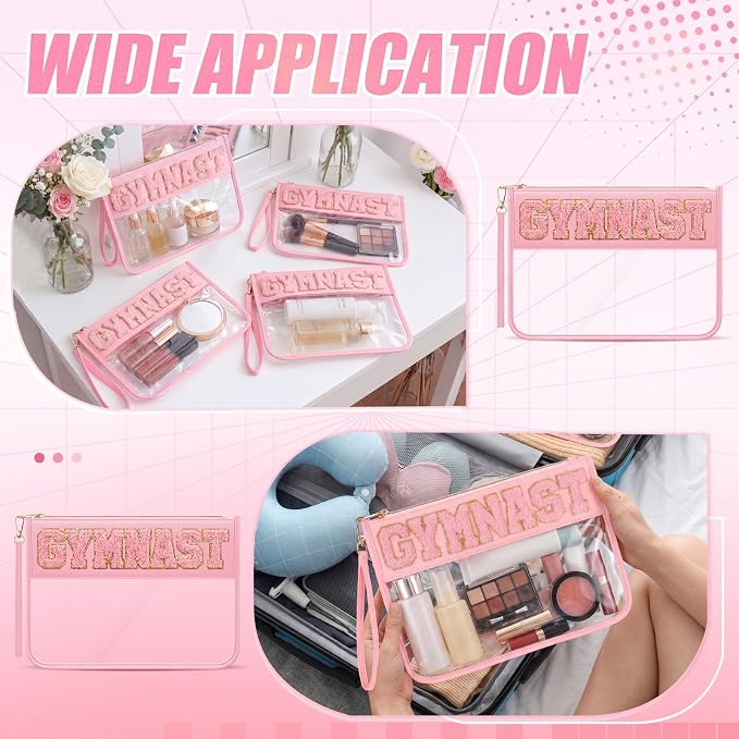 6 Pcs Gymnastics Gifts Cosmetic Makeup Bags, Pink Clear PVC Zipper Pouch with Chenille Letter Patch, Waterproof Travel Toiletry Storage Bag for Team Girls Women Party Favor - Image 7