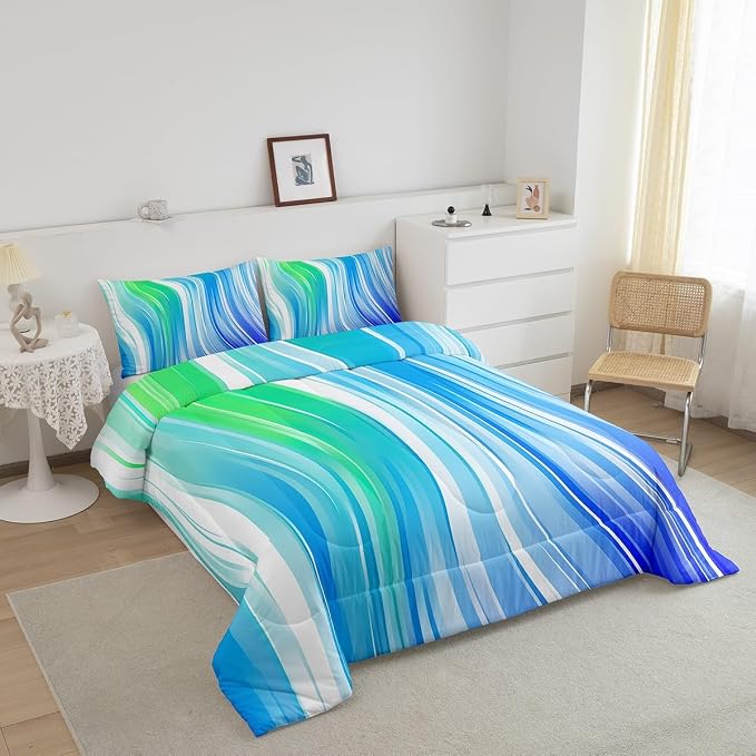 Rainbow Bedding Set Queen Size, Tie Dye Comforter Set For Kids Girls Women Adult Bedroom, Teal Blue Pastel Quilted Duvet Watercolor Geometric Stripes Down Comforter 3 Pieces With 2 Pillow Cases - Image 3